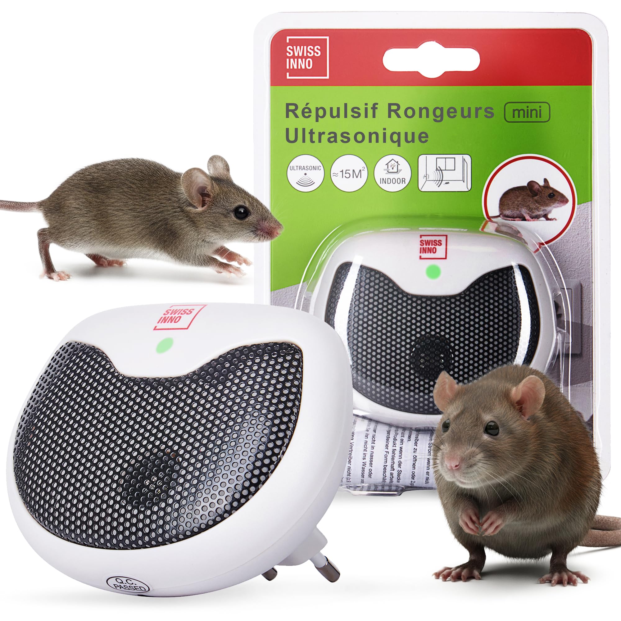Swissinno Répulsif Ultrason Rongeurs – 15 m², 22-30 kHz, à Brancher