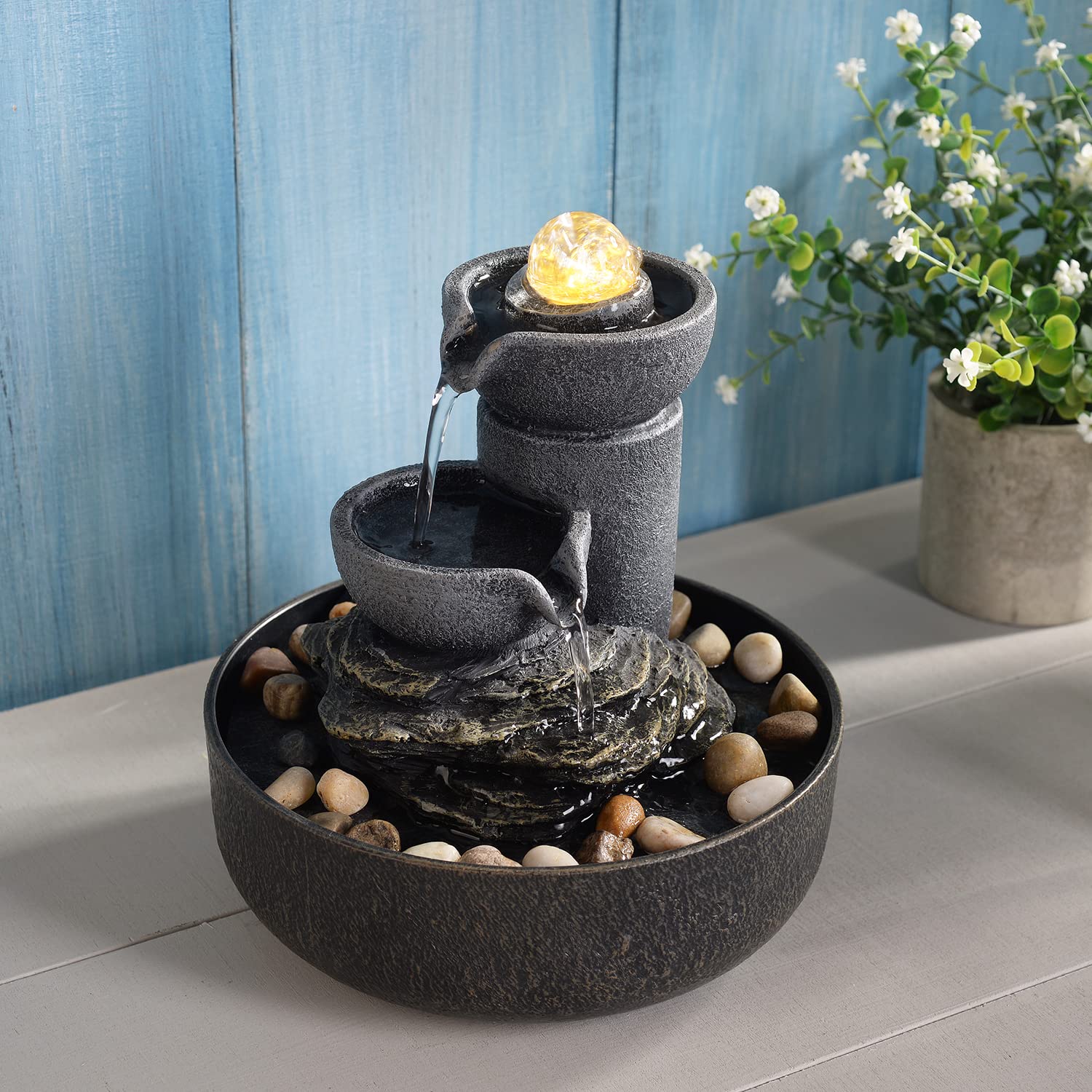 Fuente de la habitación, cascada de agua 2 etapas, meditación, decorativa con LED/adoquines, bolas de vidrio, sonidos relajantes para oficina y hogar (21098)