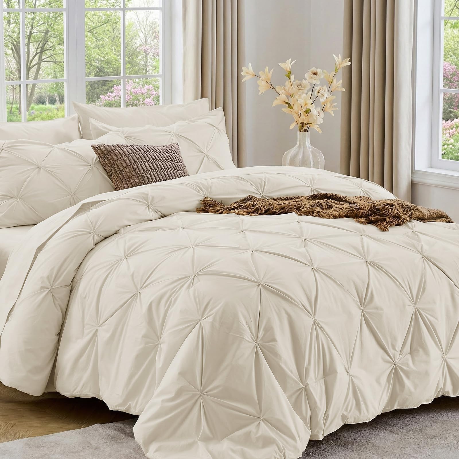 sasttie queen comforter set, 7-piece bed in a bag, pintuck bedding sets for all season, includes comforter, flat sheet, fitted sheet, pillowcases and pillowshams, beige