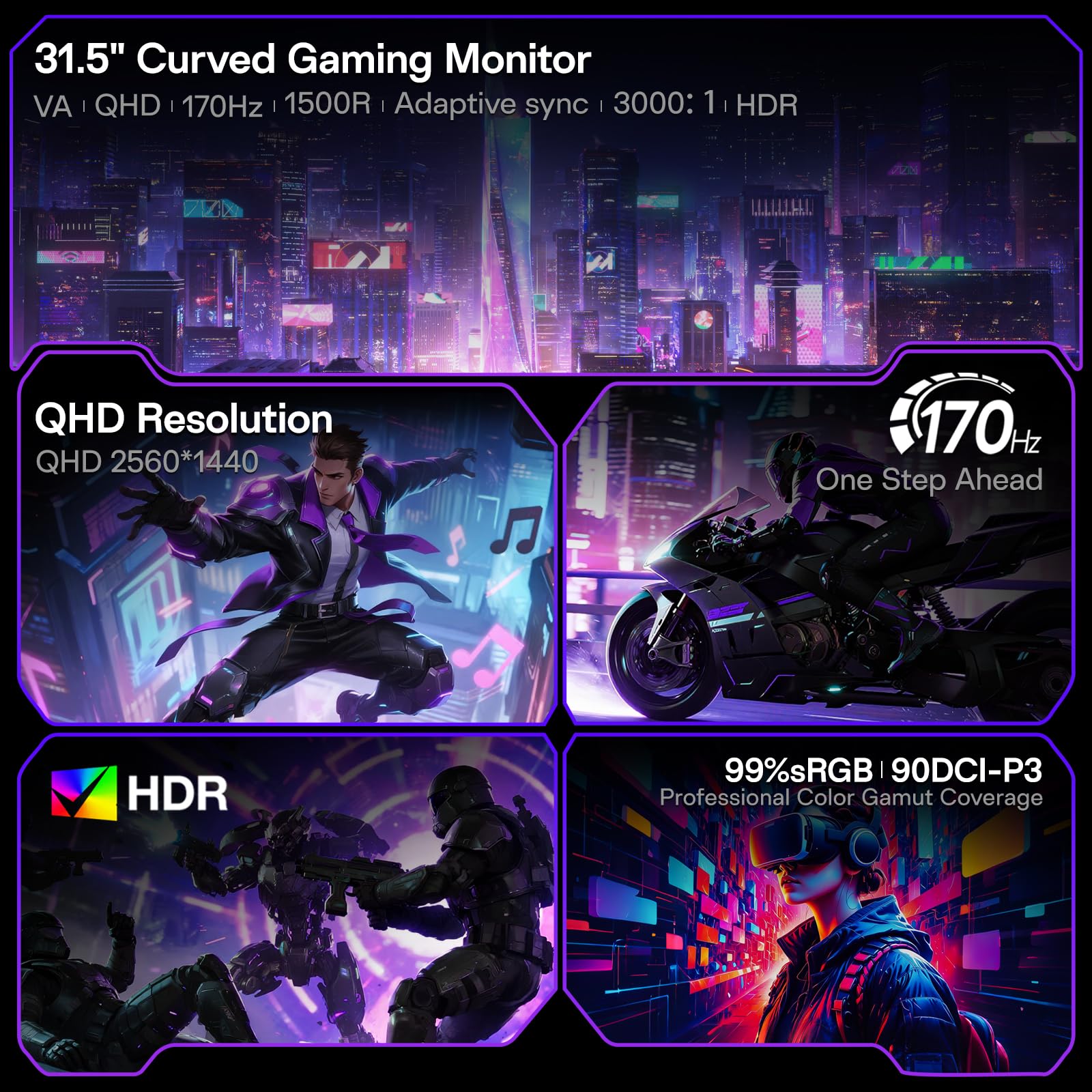 KOORUI 32 inch Curved Gaming Monitor,1440p(2560x1440),170Hz.1ms, 2K, QHD,VA 1500R, HDR10,Adaptive Sync, VESA & Eye Care Ultra-Thin Support DP/HDMI G3221SC — view 2