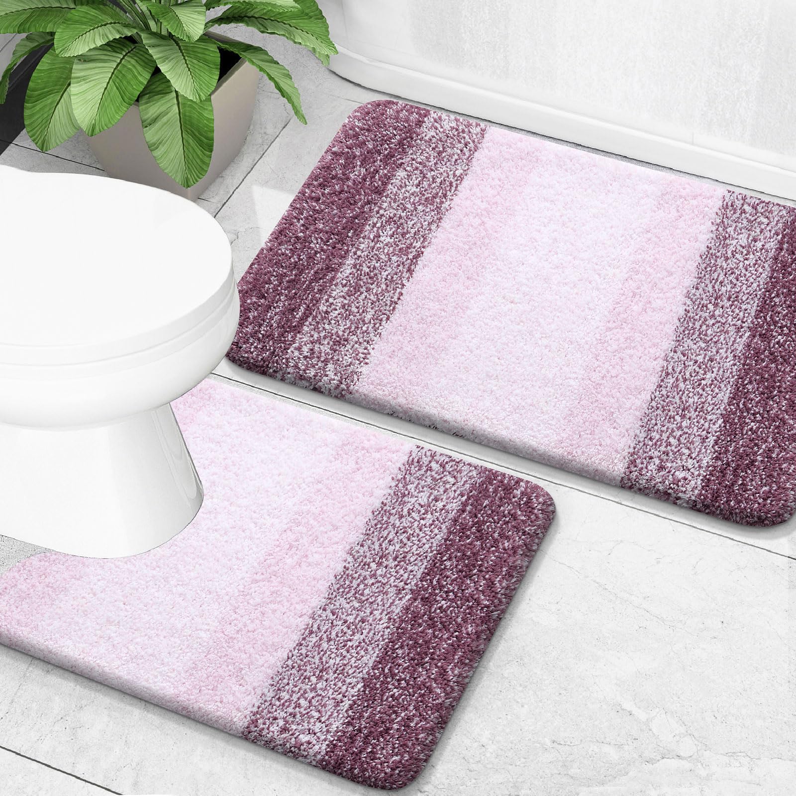 OLANLY Bathroom Rug Set 2 Piece, Soft Absorbent Microfiber Bath Mats and U-Shaped Contour Toilet Rug, Non-Slip, Machine Wash Dry, Plush Shaggy Bath Mats for Bathroom (24"x16"+24"x20", Mauve) — image 1