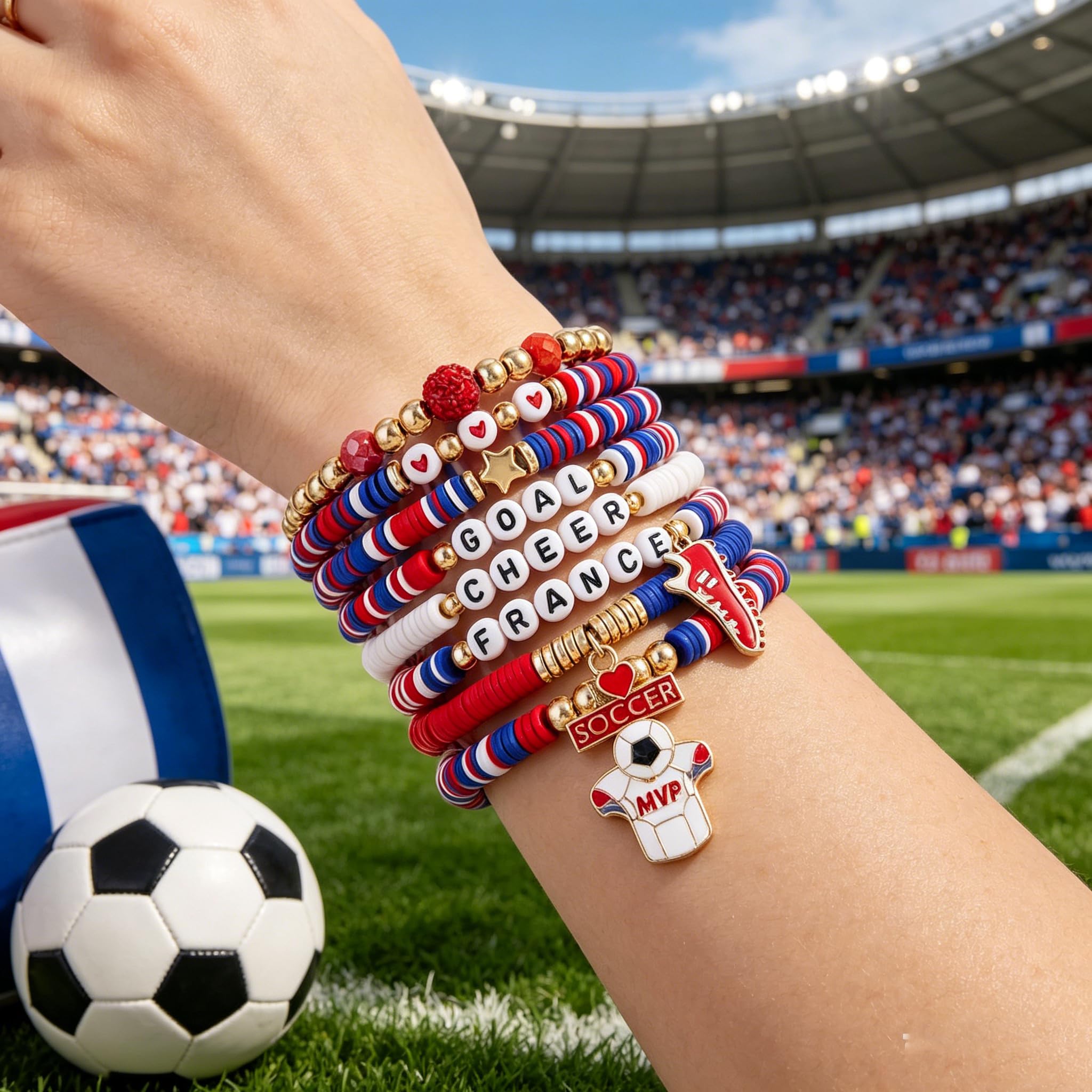 Sinlay Bracelet De Football, Bracelet Homme/Femme, Bracelet Coupe Du Monde ThèMe, Bracelets Extensibles Empilables,éLéMents De Football Et De Drapeau National, Cadeaux Pour Les Fans De Foot