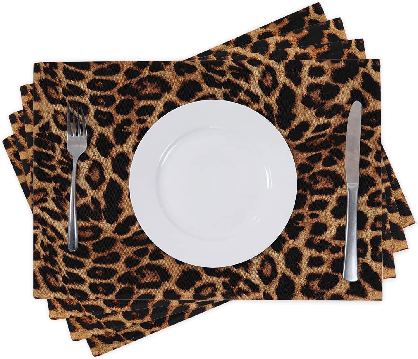 Elegant Placemats Set of 4 for Christmas/Thanksgiving Dining Table Washable Woven Linen Placemat Non-Slip Heat Resistant Kitchen Table Mats Easy to Clean (Leopard Print)