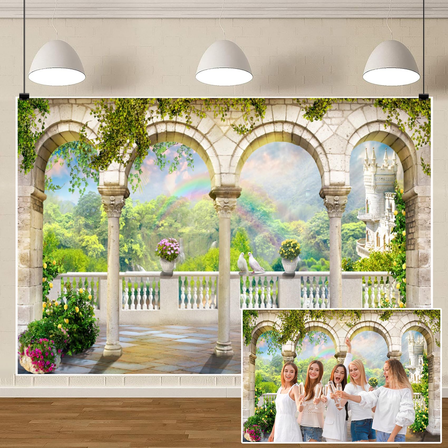 TYLCLTX Scenery Photography Backdrop Fantasy Palace Balcony Columns Flowers Rainbow Mountains Background Afternoon Tea Party Kids Photo Shoot Wedding