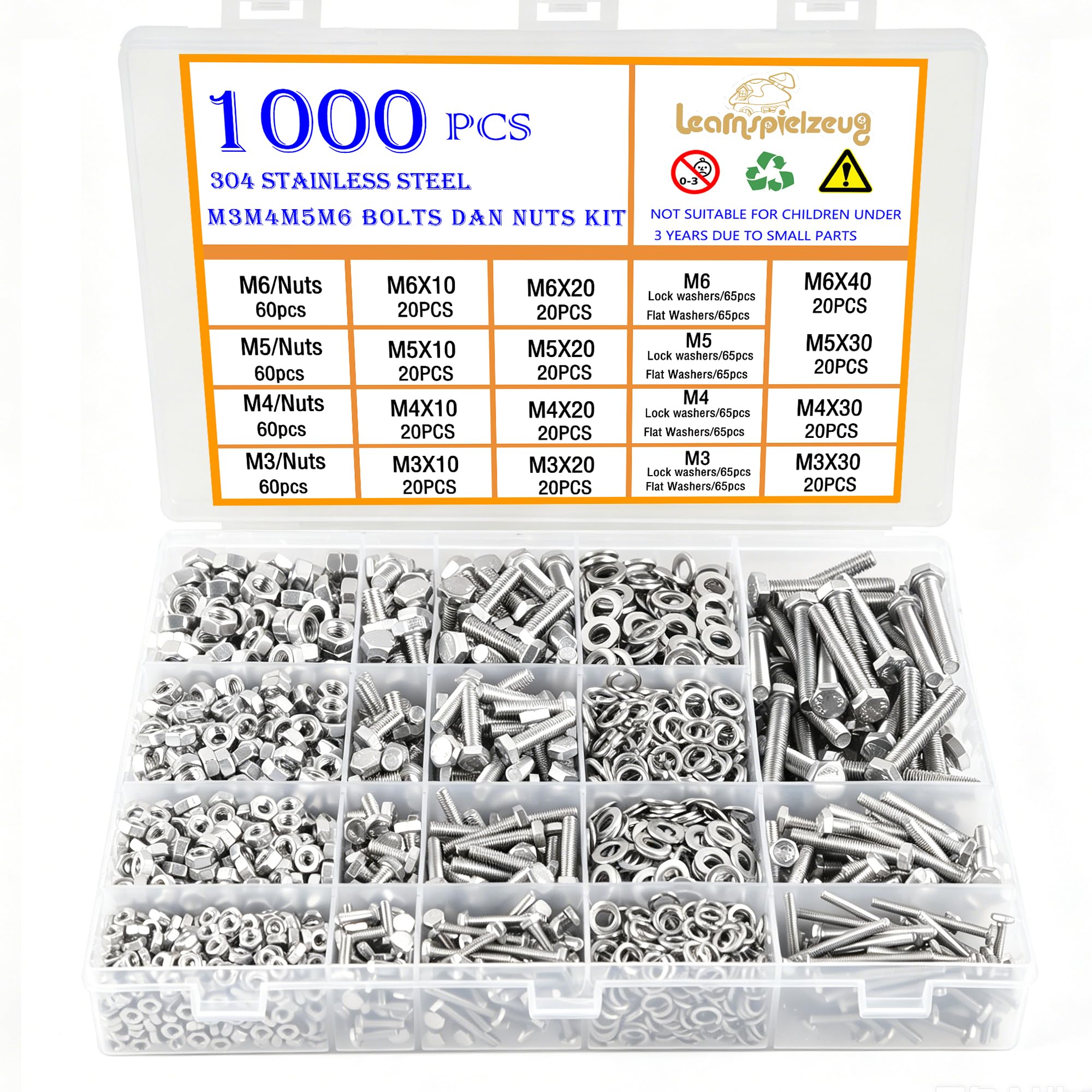 1000pcs Nuts and Bolts Set M3 M4 M5 M6 Hex Head Bolt 304 Stainless Steel machine screws washers nuts and bolts assortment for repair DIY machinery 3D printer With Storage Box Learnspielzeug