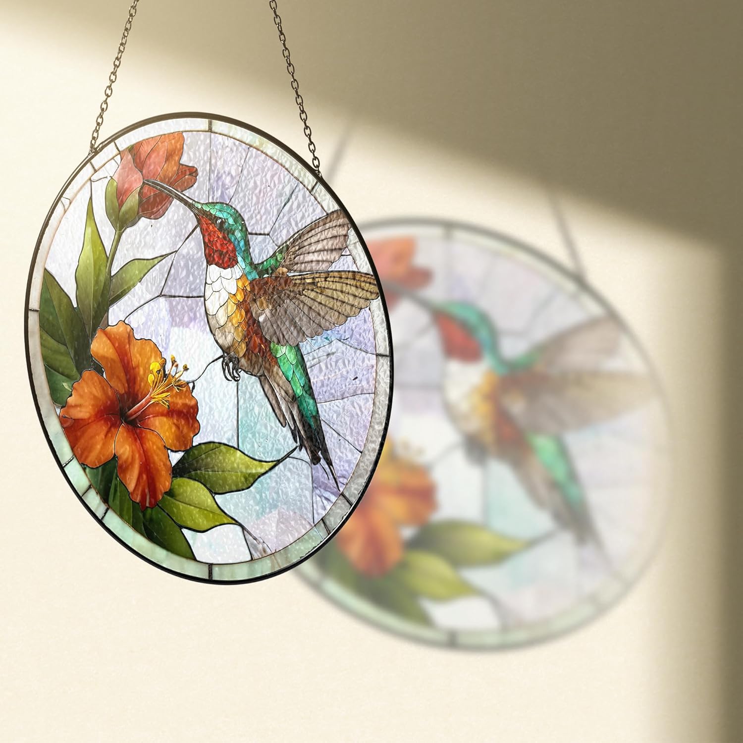 7.8" Green Hummingbird Stained Glass Suncatchers Art Glass Bird and Flowers for Sun Catcher Indoor Window Gift for Pet Animal Nature Floral Lovers Women Mom Friend Painted Panel Décor BIRD-01B-SG8