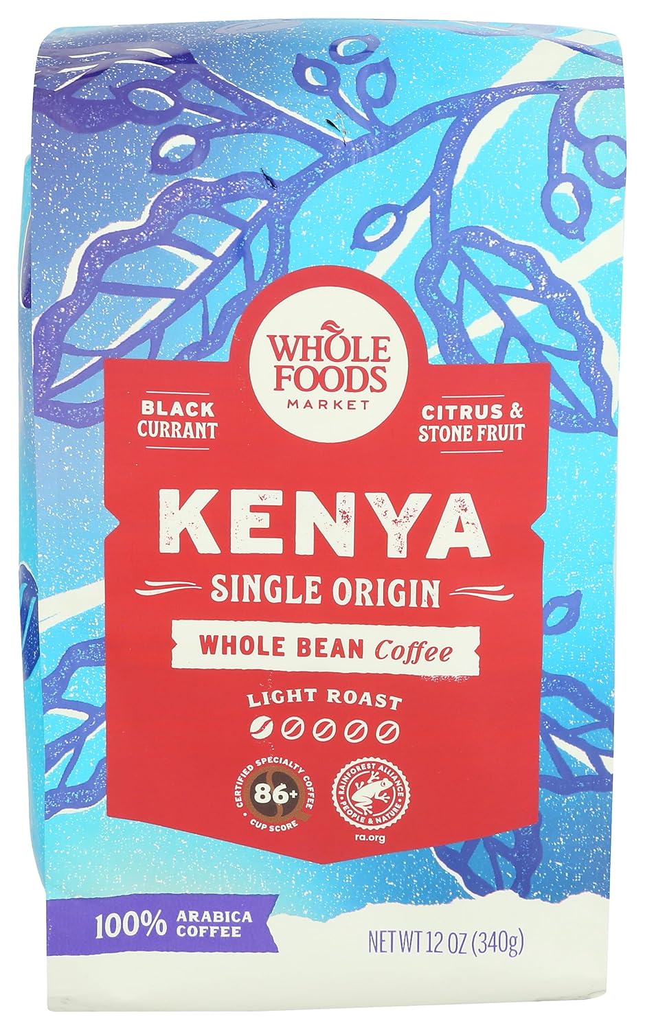 Whole Foods Market, Kenya Single Origin Whole Bean Coffee, Light Roast, Black Currant, Citrus & Stone Fruit, 12 Ounce