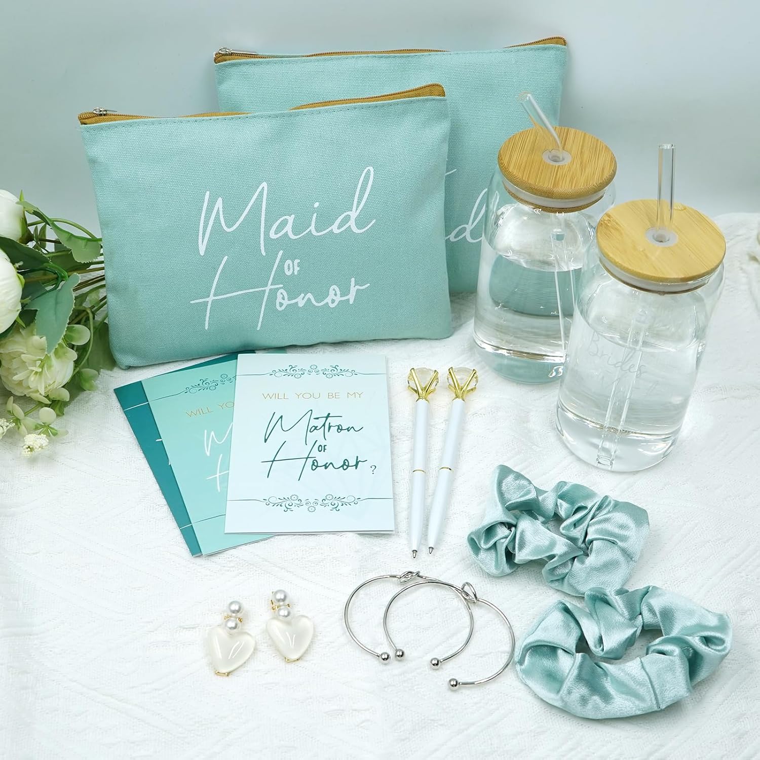 56pcs 8set Bridesmaid gifts bridesmaid proposal gifts, Maid of Honor Gifts contain 16oz Glass Cups Cosmetic Makeup Bags Invited Cards Scrunchies Hair Knotted Bracelets Diamond Pens love clip (Green) - Image 5
