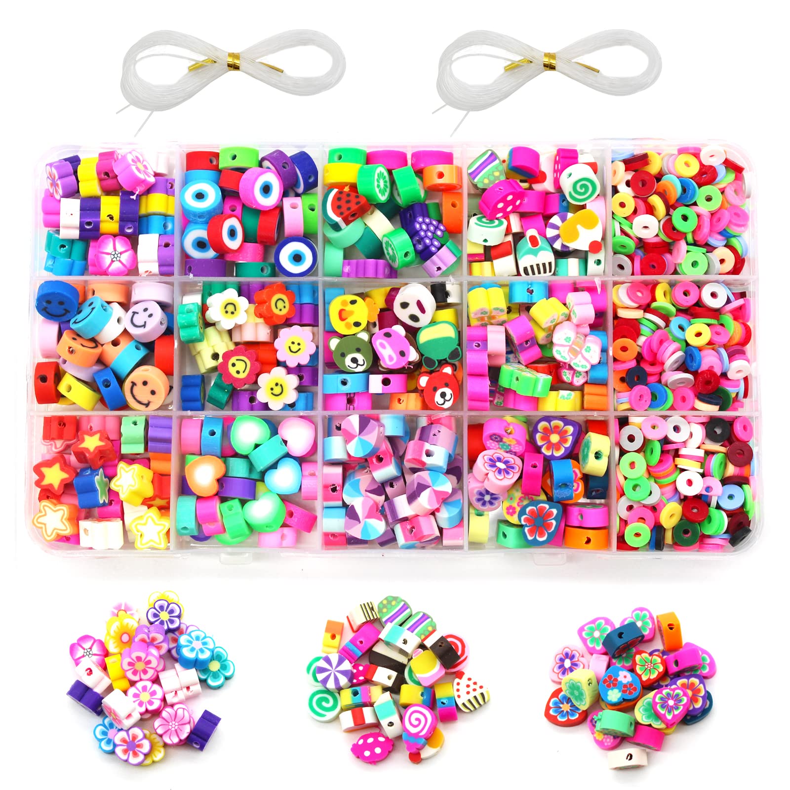 1050Pcs Flower Smiley Face Beads Mixed Fruit Spacer Trendy Beads Polymer Clay Beads with 8m Crystal Elastic String for Women Girls Jewelry Making DIY Bracelet Necklace Earring Accessories (13 Styles)