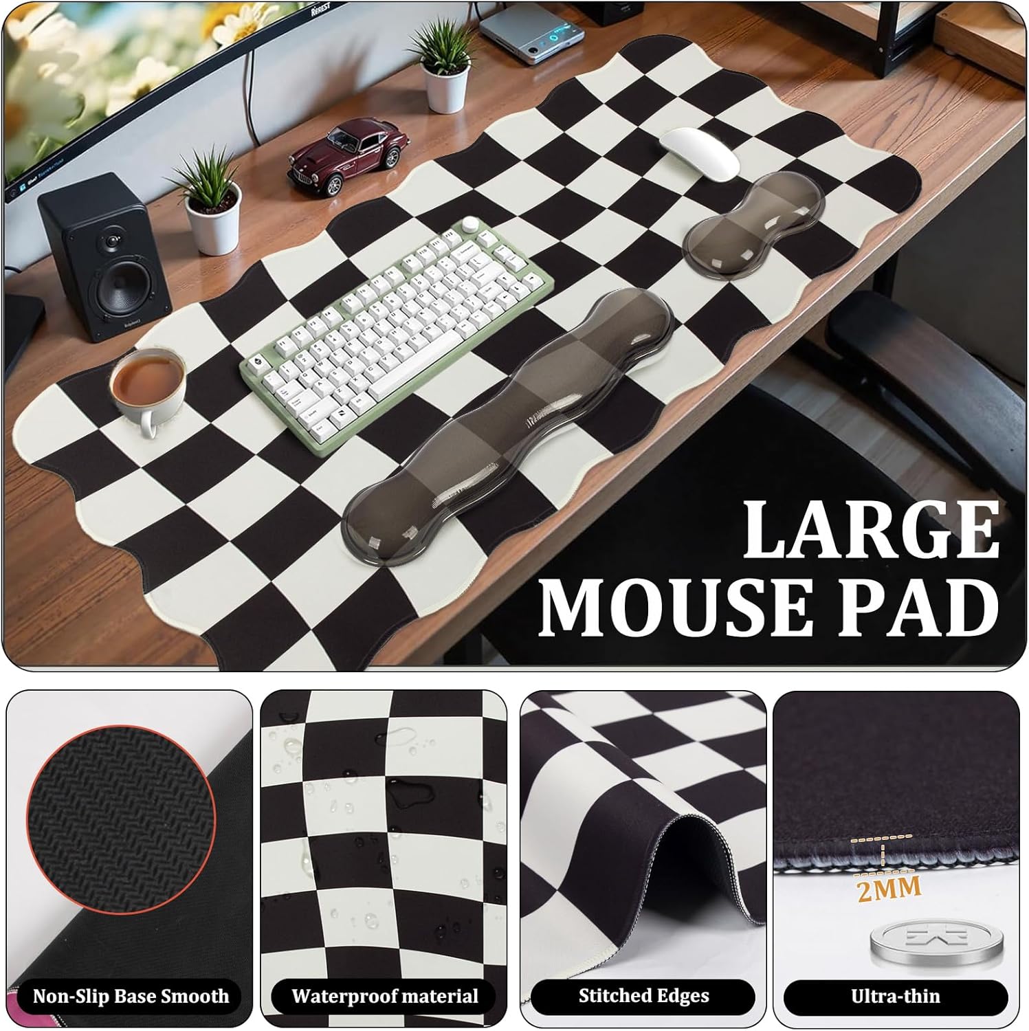 L-SPOUTTO Black Checkered Mouse Pad Set,Scalloped XXL Desk Mat + Ergonomic Mouse Wrist Rest + Gel Keyboard Wrist Rest for Keyboard 65%/75%,3in1 Large Desk Pad for Desktop Home Office Computer Game