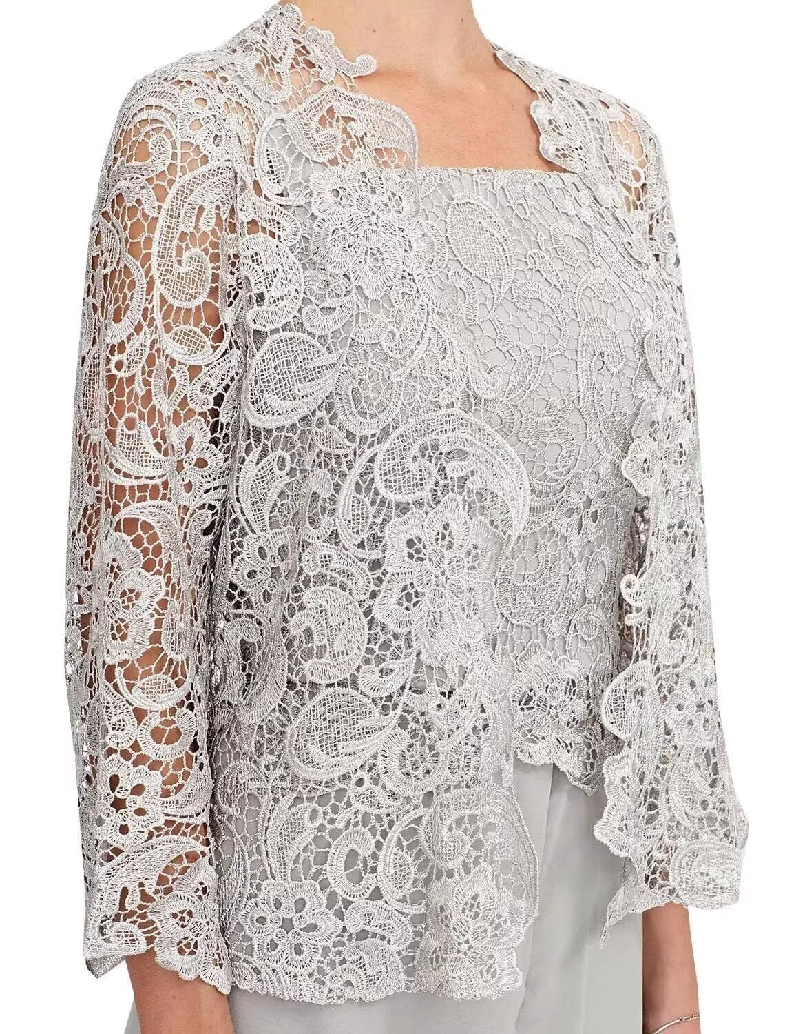 Hosenanzug Damen Festlich Elegant 3-Teiliger Spitzen Chiffon Mutter Der Hochzeitsoutfit Mit Jacke Hochzeit Brautmutter Hosen Set