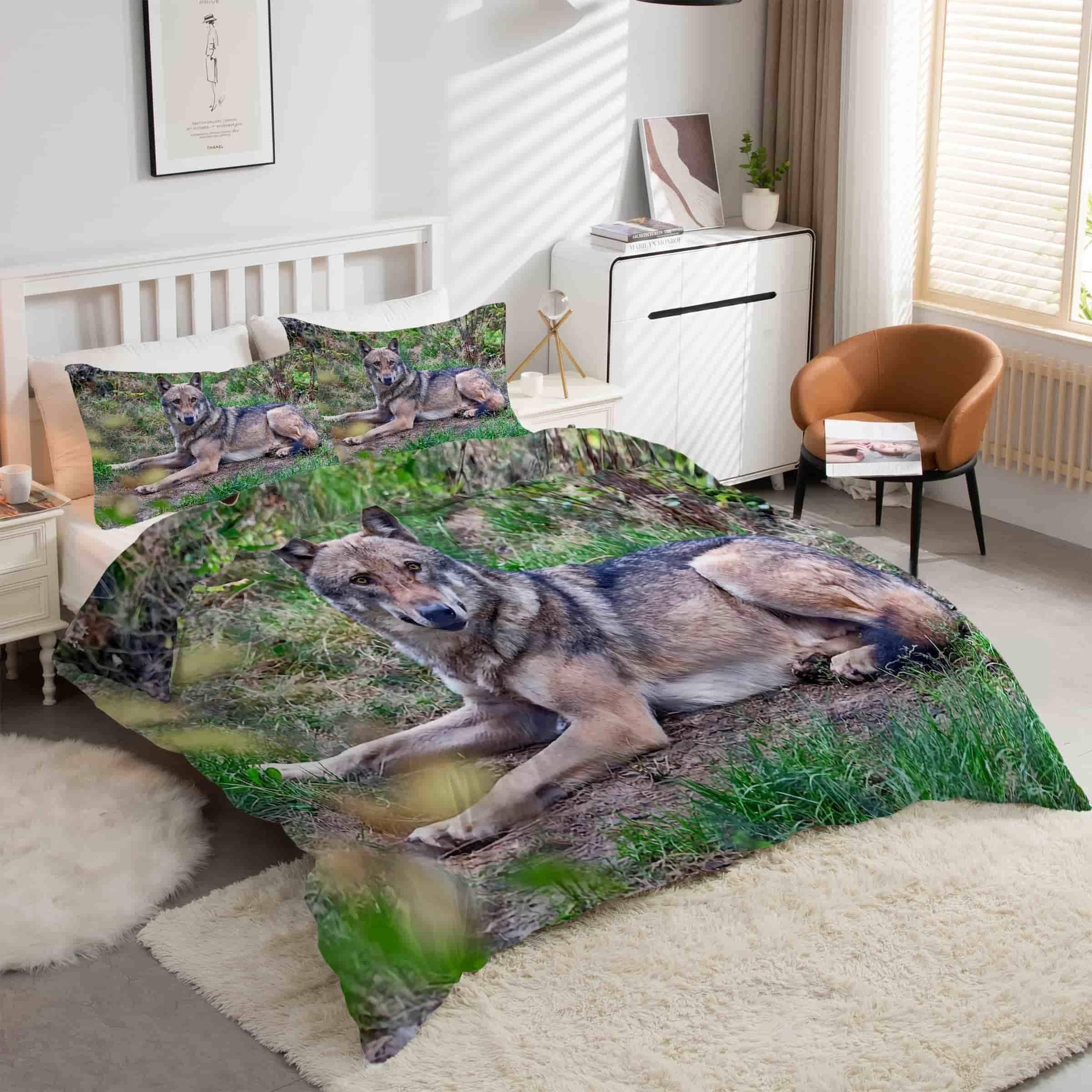 Parure de lit loup 90x190 cm avec housse de couette et taies