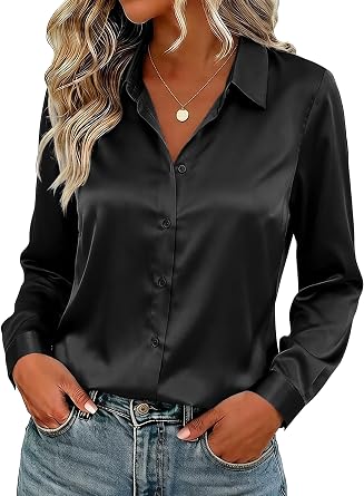 Womens Satin Button Down Shirt Business Casual Long Sleeve Silk Blouse Collared Curved Hem Slim Fit Office Work Tops