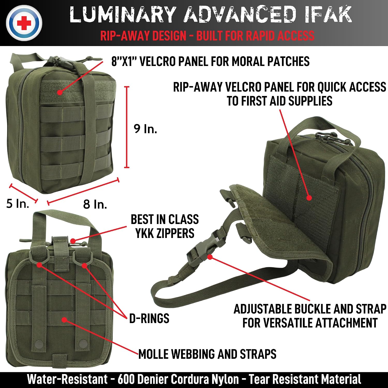 Luminary Advanced IFAK Stocked MOLLE Rip-Away Trauma Hemorrhage Control First Aid Kit with Headrest Mount Quick Release Panel Emergency Pack (Olive Drab)