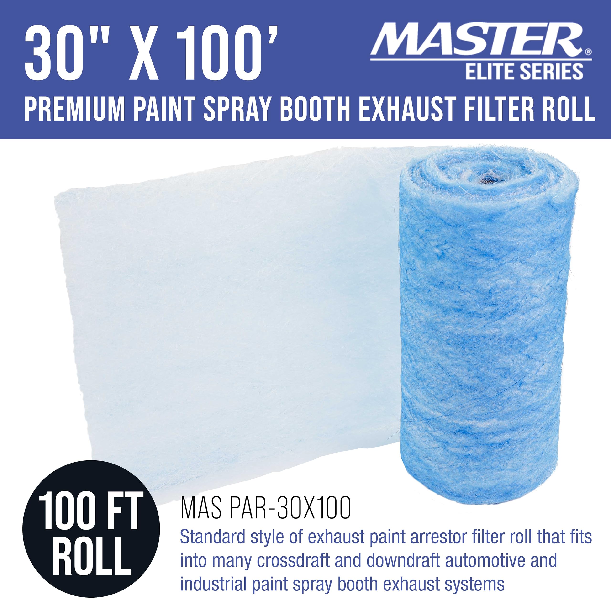 Master Elite - Rollo de filtro de escape de cabina de aerosol de pintura premium, 30 pulgadas x 100 pies, 18 gramos, resistente de fibra de vidrio, captura partículas de pintura de sobrepulverización