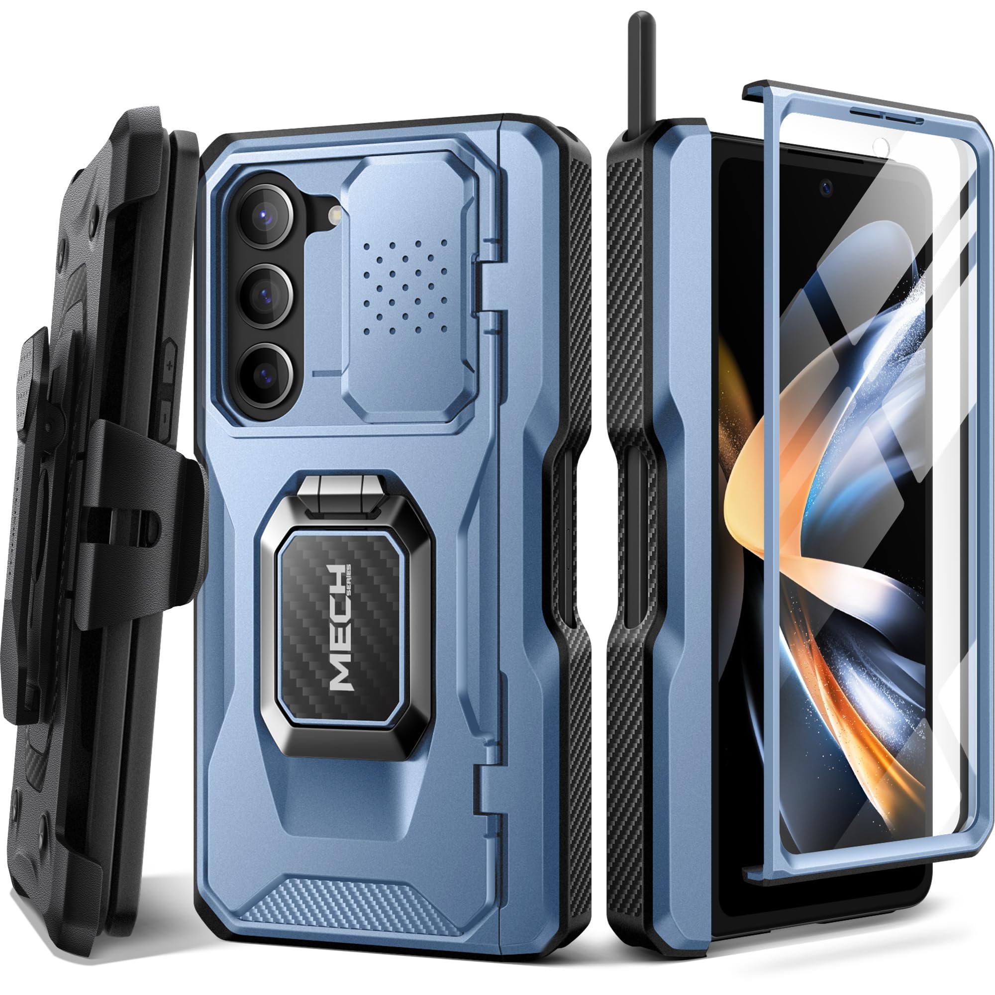 TONGATE for Z Fold 5 Case with Ring Stand, Built-in Z Fold5 S Pen Holder, Shockproof Rugged Phone Case with Screen Protector & Slide Camera Cover & Belt Clip for Samsung Galaxy Z Fold 5 2023, Blue