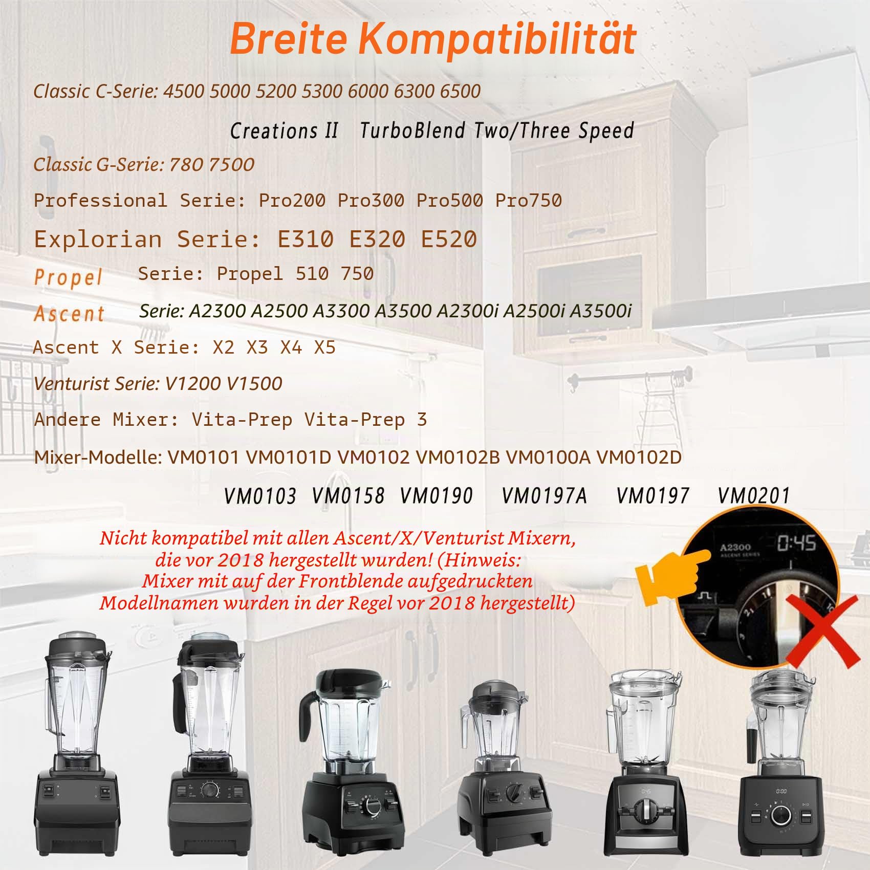 Für Vitamix-Mix-Mix, 1,8 l Edelstahlbehälter, ersetzt 5200 E310 Pro 750 A3500 X4 usw., kompatibel mit den Krug der Classic/Explorian/Professional/Ascent/Propel Serie