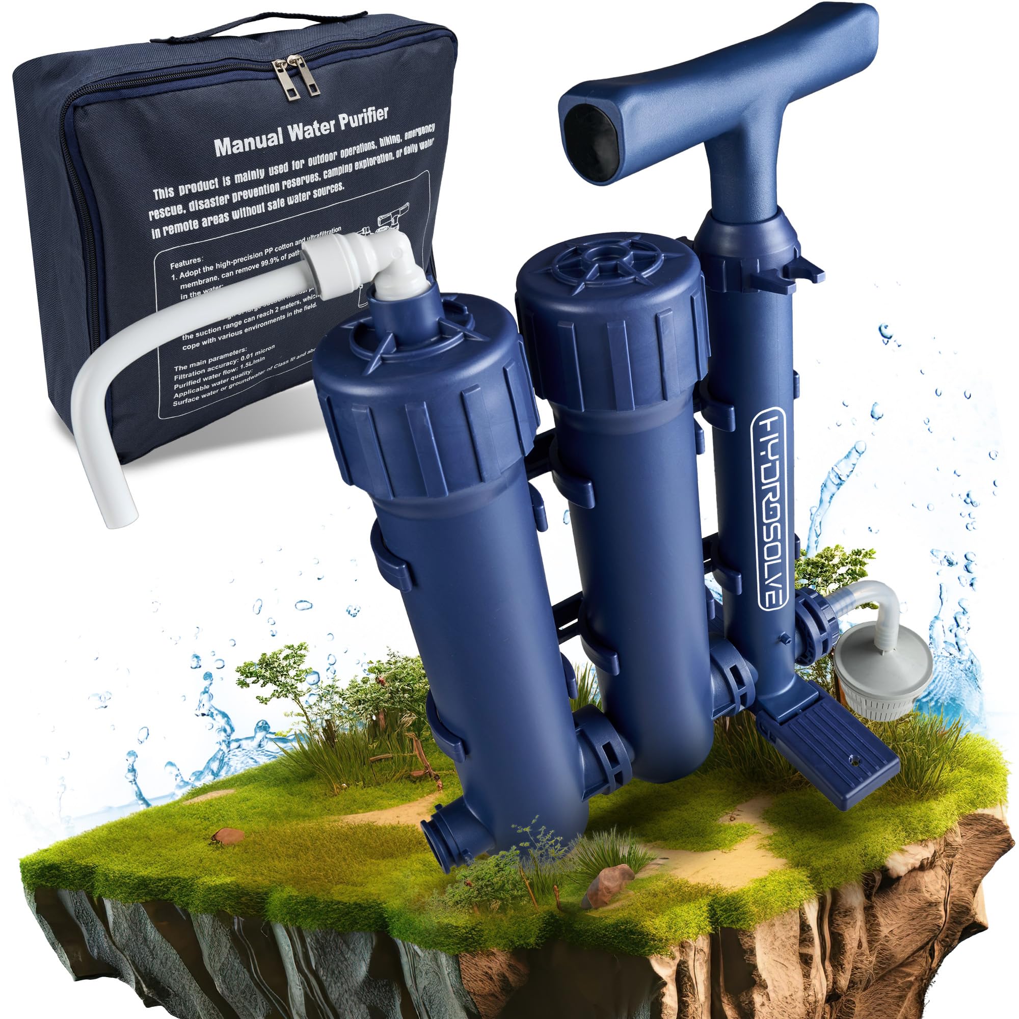 HYDROSOLVE - Filtro de agua portátil para exteriores, sistema de tratamiento de agua de emergencia con bomba de mano, filtración para senderismo y camping (filtro de agua)