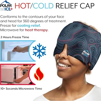 Brownmed Hot/Cold Relief Cap - Headache & Migraine Cap- Soothing Eye Strain - Supports Relaxation - Cold Compress - Flexible Gel Design - Full Coverage - Light-Blocking