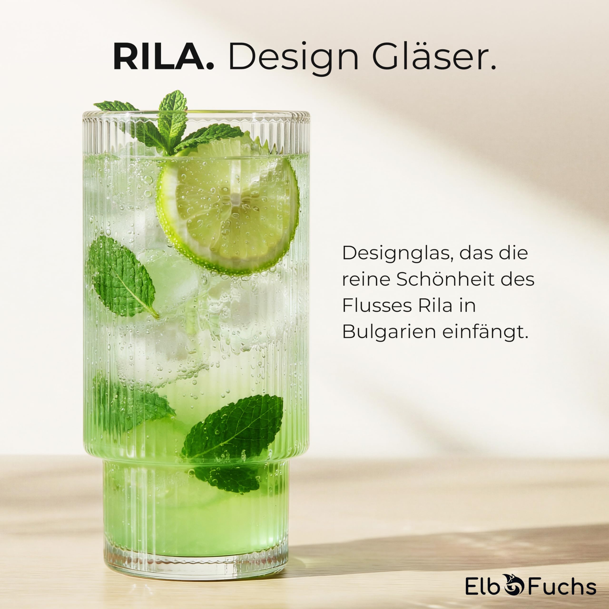 ElbFuchs Szklanki do napojów zestaw 4x 310 ml - ryflowane szklanki highball ze szklanymi słomkami, do koktajli, wody, kawy mrożonej i matchy