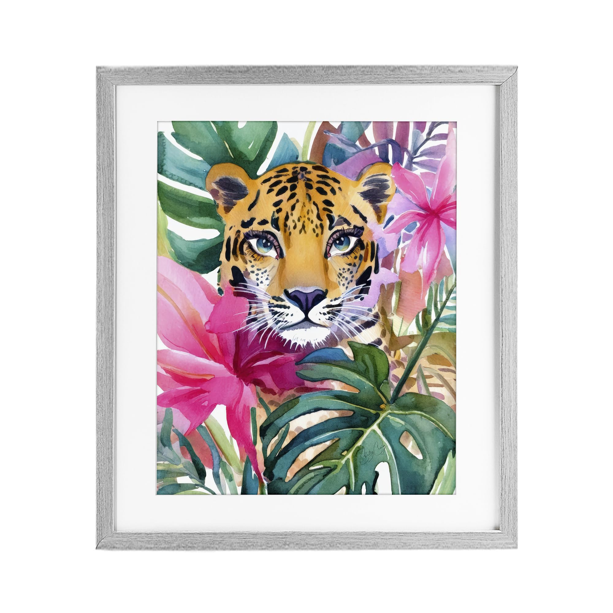 Stupell Industries Farmhouse Gray (Textured) 'Tropical Tiger Peeking', Framed Print Under Glass, Gray, 17 X 21 Inches, Easy To Hang And Sturdy, Made In Usa, By Shelly Craig