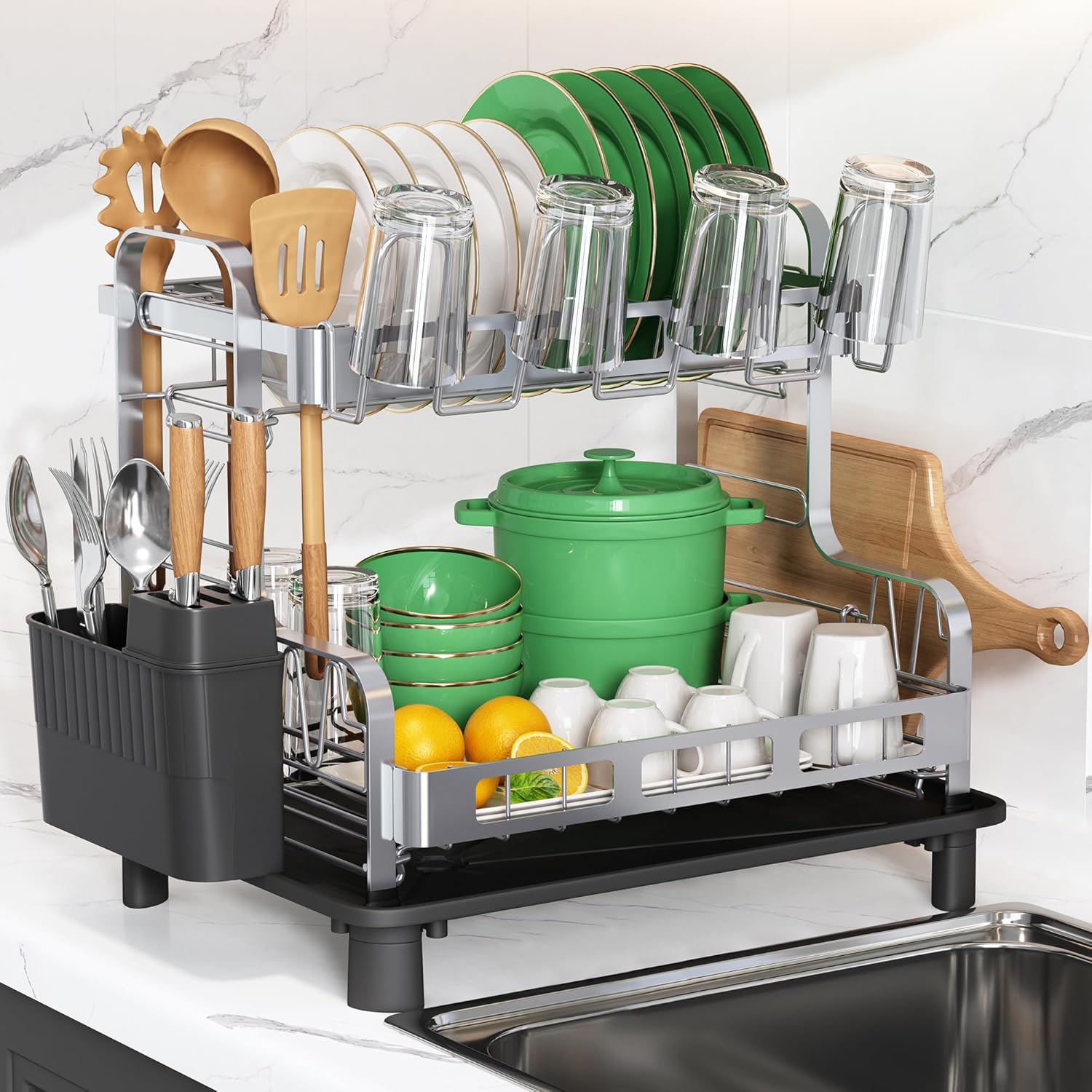 romision Stainless Steel Dish Drying Rack, Dish Racks for Kitchen Counter, Two Tier Dish Drainers with Cutlery Holder and Cup Rack, Large Dish Dryer Rack for Saving Space, Grey