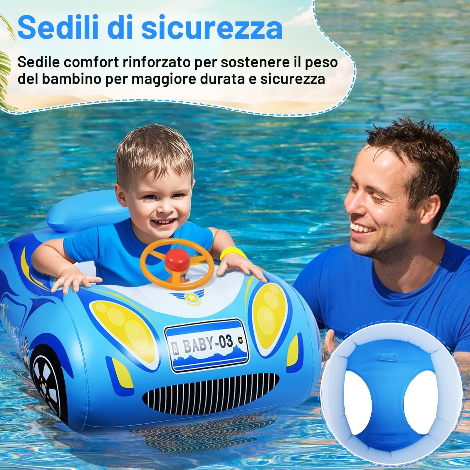 Salvagente Neonato Forma a forma di auto Tetto parasole Protegge dai raggi del sole Sedile sicuro e comodo Tromba giocattolo Regali d'acqua estivi Piscina Bambino 6-36 mesi