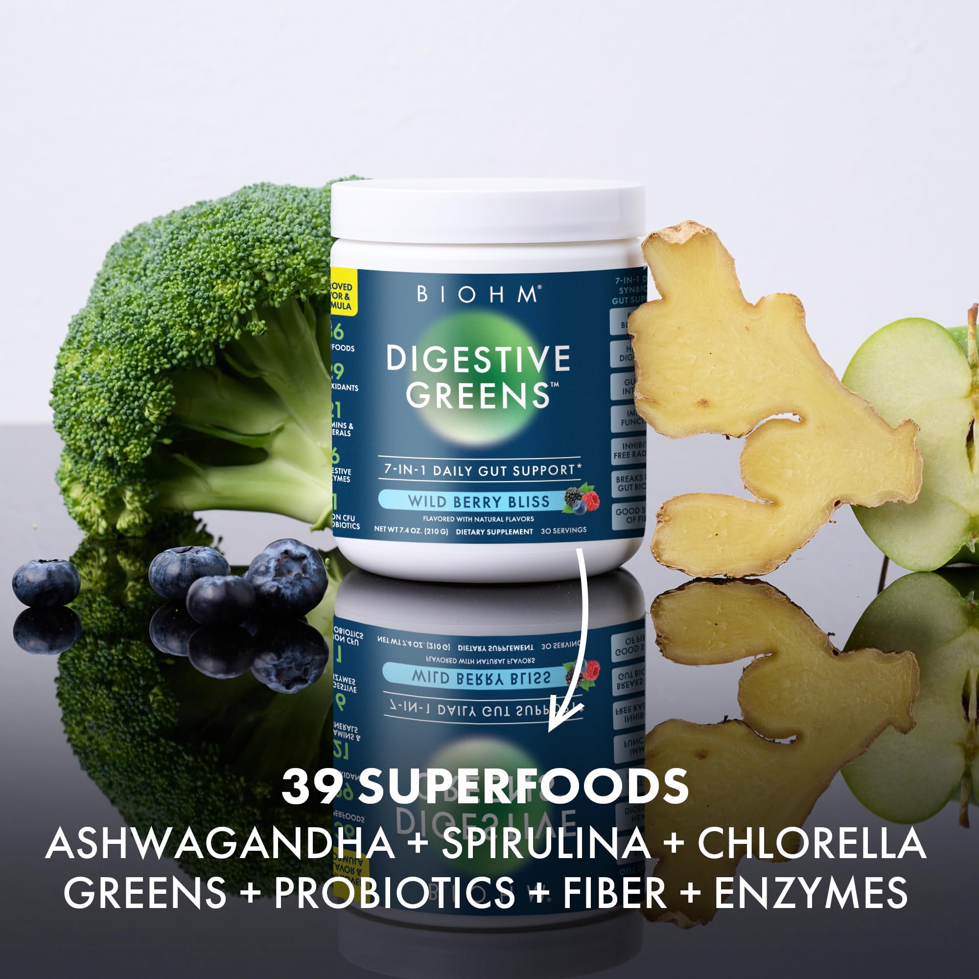 BIOHM Digestive Greens, Green Superfood Powder (7.4 Oz, 30 Servings) Immune & Gut Health Support with Antioxidants, Vitamins, Probiotics & Enzymes, Good Source of Fiber, Berry Flavor — Amazon image 7