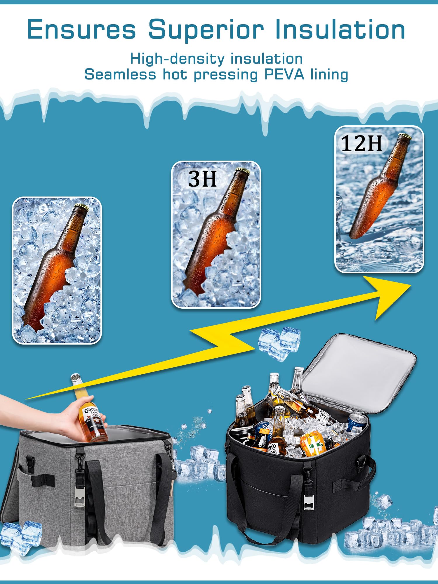 Bolsa térmica suave aislada de 12 x 12 x 12 pulgadas, grande, a prueba de fugas, suave, para viajes, playa, campamento, 50 latas, caja térmica portátil para compras de comestibles, viajes por 3