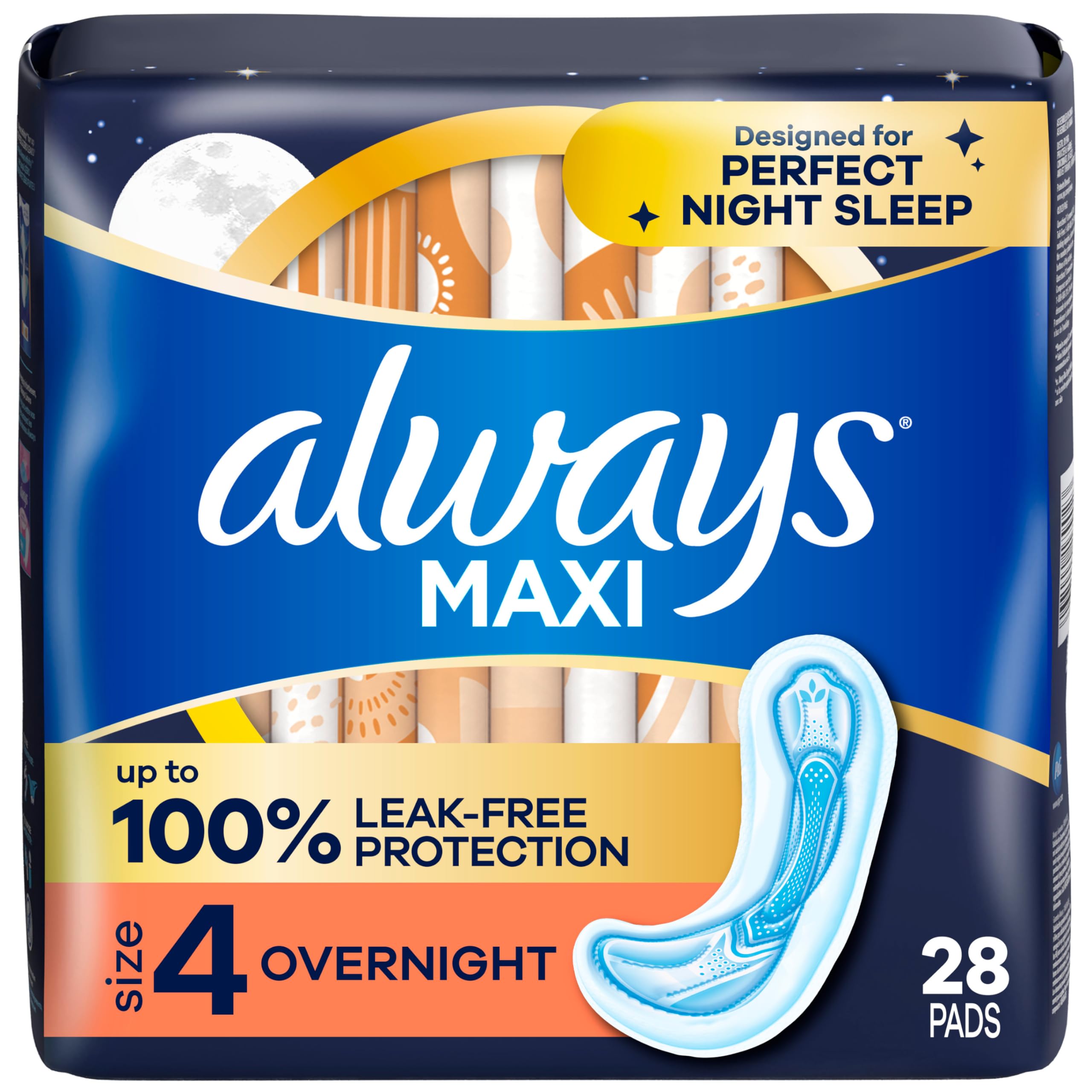 Always Maxi Feminine Pads for Women, Size 4 Overnight Absorbency, Without Wings, Unscented, 28 Count