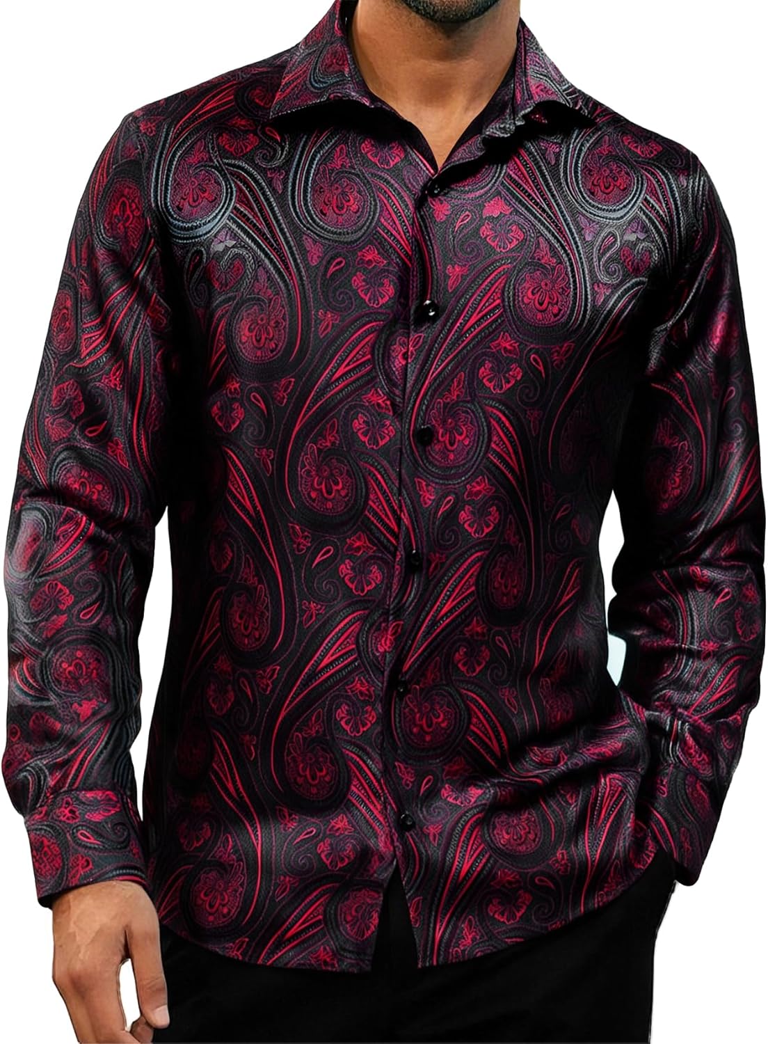 YOHOWA Men's Paisley Shirt Silk Jacquard Dress Long Sleeve Button Down Shirts Casual Mexico Western Disco Party Wedding Prom - Image 4