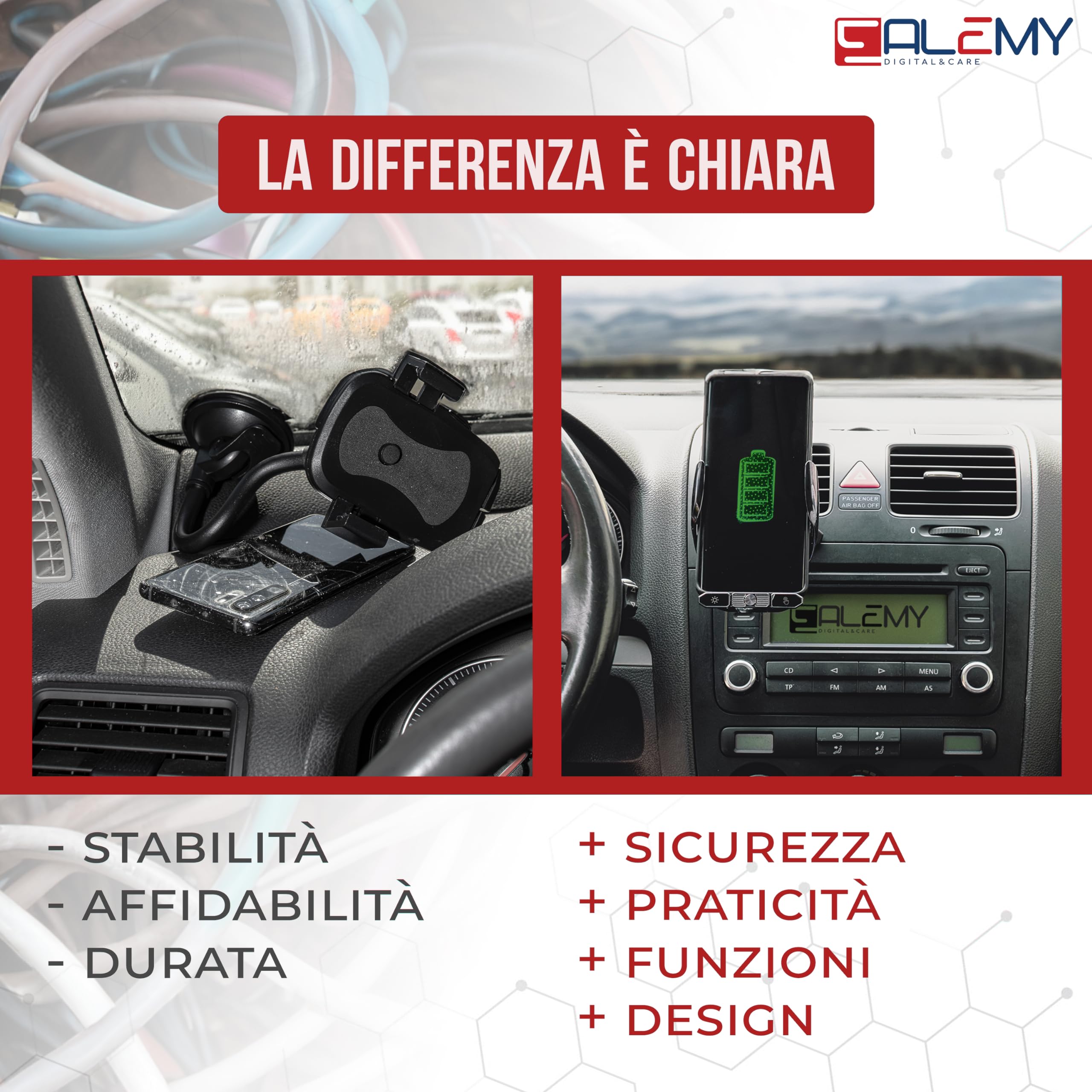 ALEMY DIGITAL Caricatore Wireless Auto, Porta Cellulare Auto, Supporto Telefono Per Auto Universale Con Ricarica e Auto Bloccaggio Con Rotazione Di 360°
