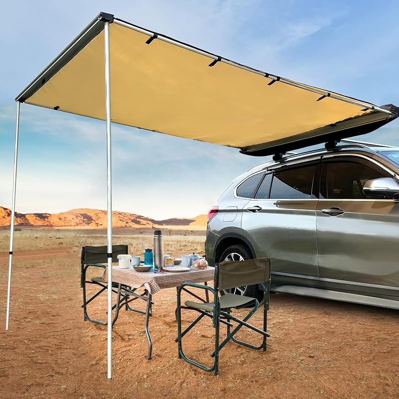 JUST-V Vehicle and Car Awning 8.2X4.6ft 4x4 Accessories Overland Camping UPF50+ Pull-Out Rooftop Side Awning Feet for Jeep/SUV/Truck/Van Beige | Vehicle Awning with UPF50+ Fabric, Aluminum Frame, Pull-Out Design and Mounting Kit for Jeep SUV Truck Camping