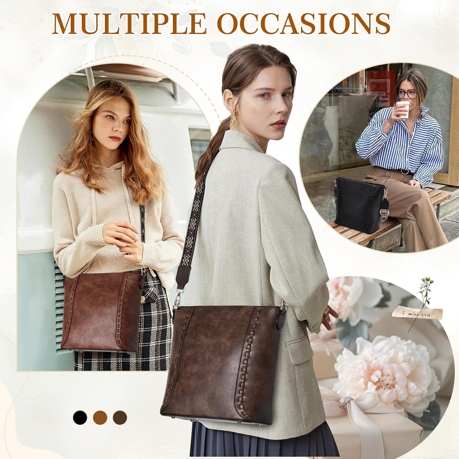 RAVUO Crossbody Bag for Women, Vegan Leather Bucket Handbag Shoulder Purse Trendy Lady Bag w Adjustable Guitar Strap - Image 6