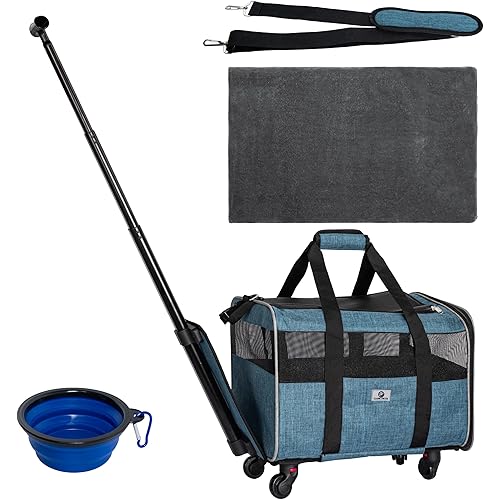 Pet Carrier with Wheels by Classic Decor - Rolling Pet Carrier – Removable Wheels & Collapsible Dog Bowl - Soft Dog & Cat Travel Carrier - Small Dog Carrier - Blue Color 18” x 13” x 12”