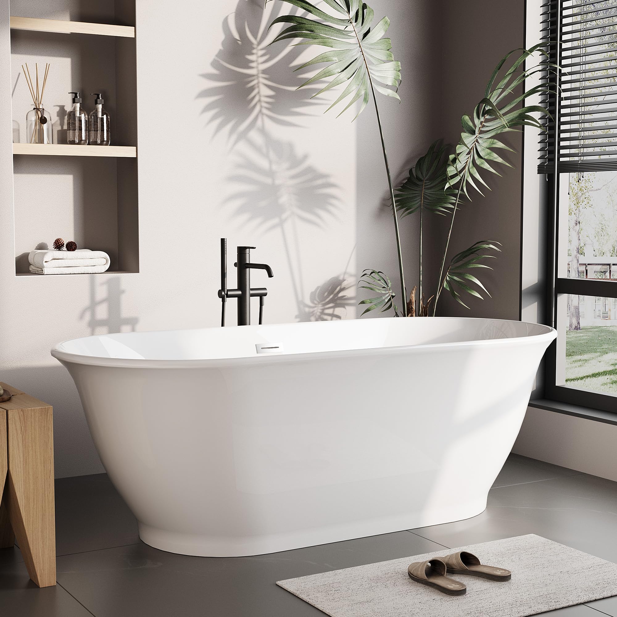 59 Inch Acrylic Freestanding BathTub, Oval Soaking Tub – Extra Large Freestanding Bathtub for Modern Bathroom Remodel, Integrated Overflow, Glossy White Finish
