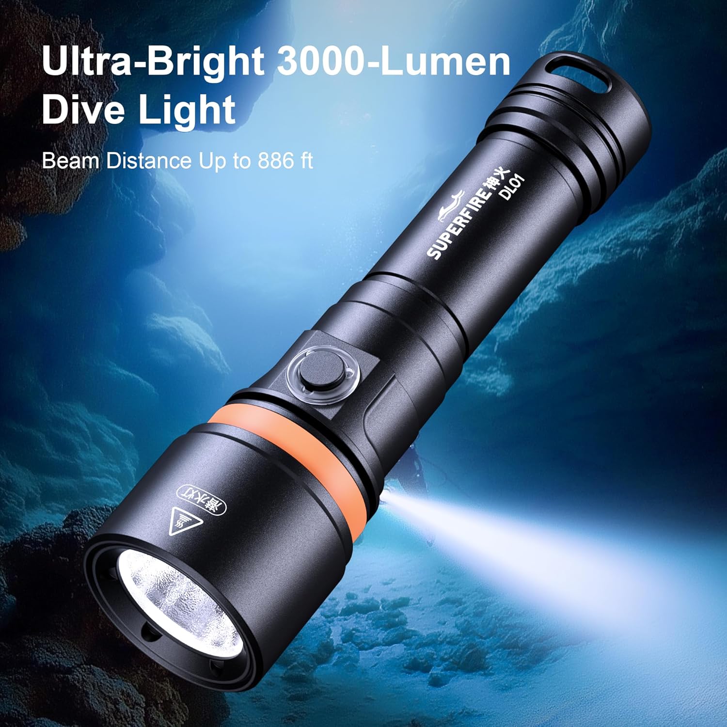 SuperFire Dive Light, 3000 Lumen Scuba Flashlight with 886ft Long Beam, IP68 Waterproof up to 100m, 5 Modes & Battery Indicator for Night & Cave Diving