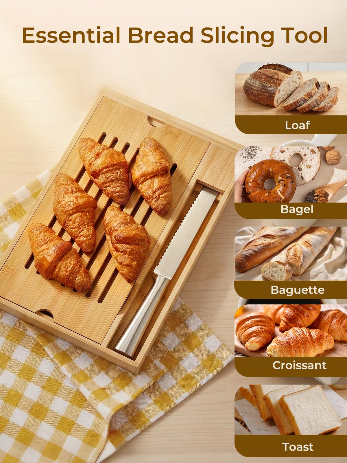 FOHERE Tabla Cortar Pan Bambú Bandeja Recogemigas, Cuchillo Pan Incluido | Bambú Ecológico, Bandeja Recogemigas Extraíble, 2-En-1 Corte/Servicio, Adecuado Para Baguette/Croissant, 38 X 24,8 X 3 cm