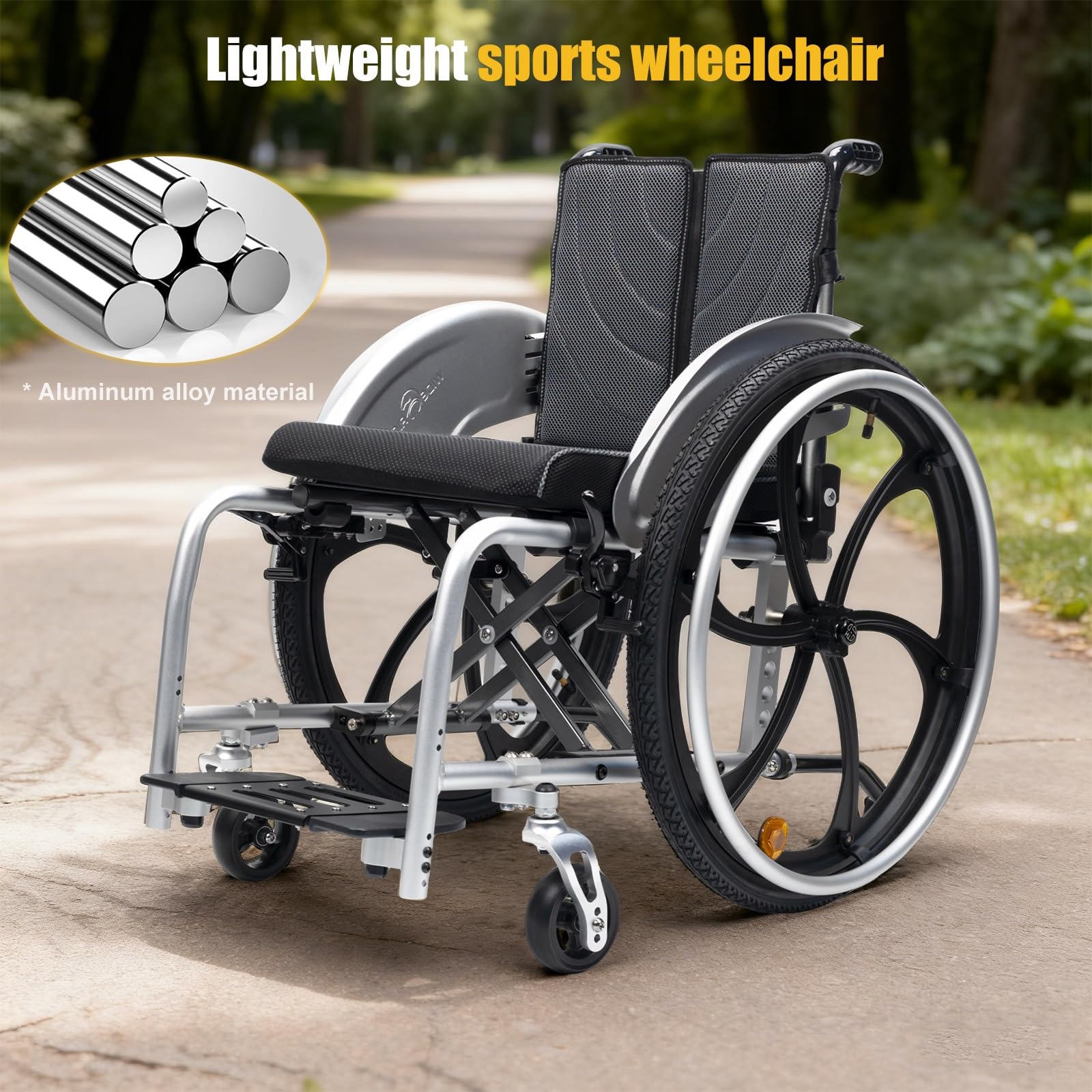 Sedia a rotelle sportiva pieghevole e leggera for tutti i terreni, sedia a rotelle in alluminio, sedia manuale autopropulsa con dispositivo antiribaltamento, facile da montare(42cm/16.5in)