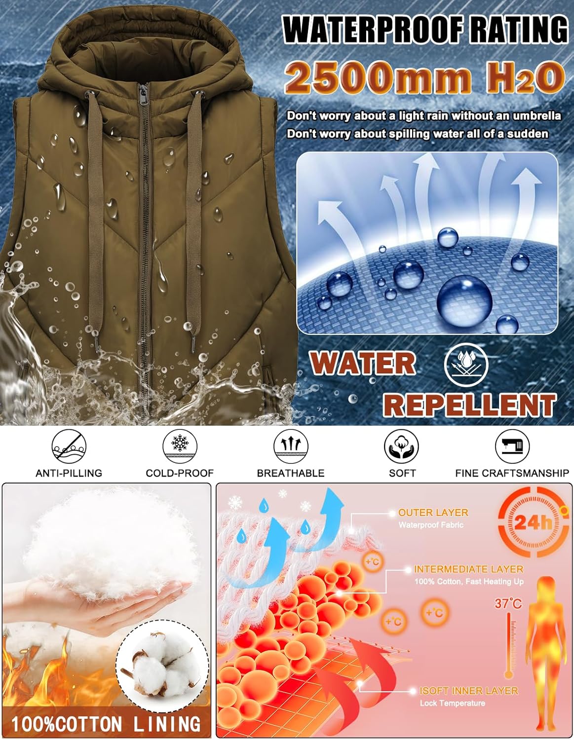 HEEKPEK Womens Puffer Vest Sleeveless Hooded Long Puffy Vests Zip Up Quilted Thick Winter Jackets Outerwear with Pockets - Image 5