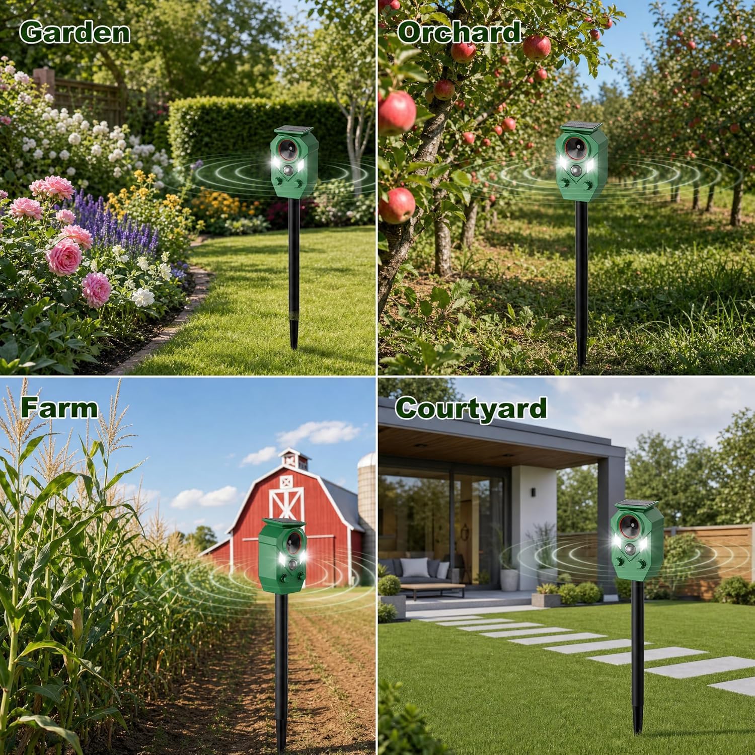 Solar Tiervertreiber Outdoor, Ultraschall Stroboskop Licht Abschreckung für Waschbären, Hirsche, Eichhörnchen, Katzen, Hunde, Füchse, Stinktiere & Kaninchen, Wasserdicht, Schrittweise