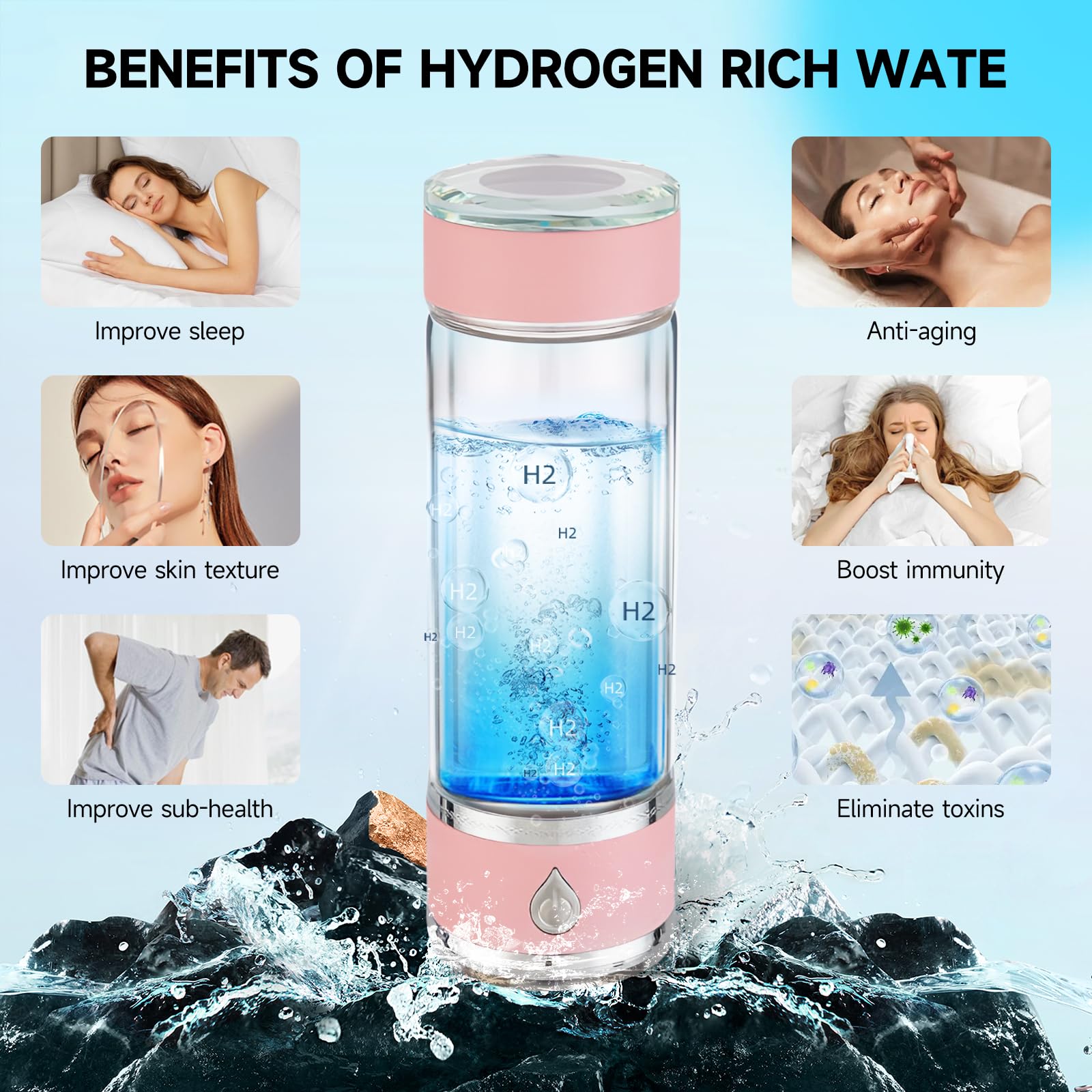 Hydrohealth - Generador de botellas de agua de hidrógeno, portátil y recargable, botella de agua de hidrógeno Hydro Health con tecnología SPE Pem, ionizador de agua, 3 minutos 4100 PPB de