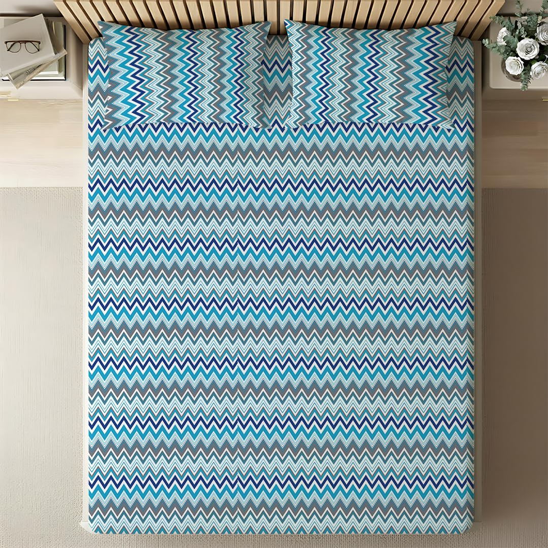 Livspace Cotton Queen Size Bedsheet for Double Bed | 100" x 88" | 144 TC Flat Cotton Bedsheet with 2 Pillow Covers, Soft & Breathable - Bello Pure Nest Collection (Blue) 1
