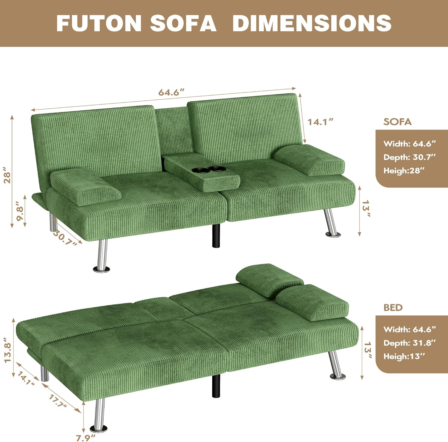 Homall Futon Sofa Bed, Futon Couch with Removable Armrests, Adjustable Recliner Sleeper Sofa Bed with Dual Cup Holders for Living Room, Apartment, Office (Corduroy, Green)