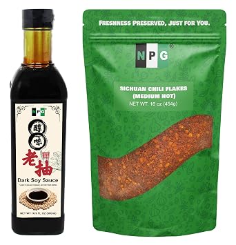 NPG Premium Dark Soy Sauce 16.9 Fl Oz, and Authentic Sichuan Chili Flakes 16 Ounces