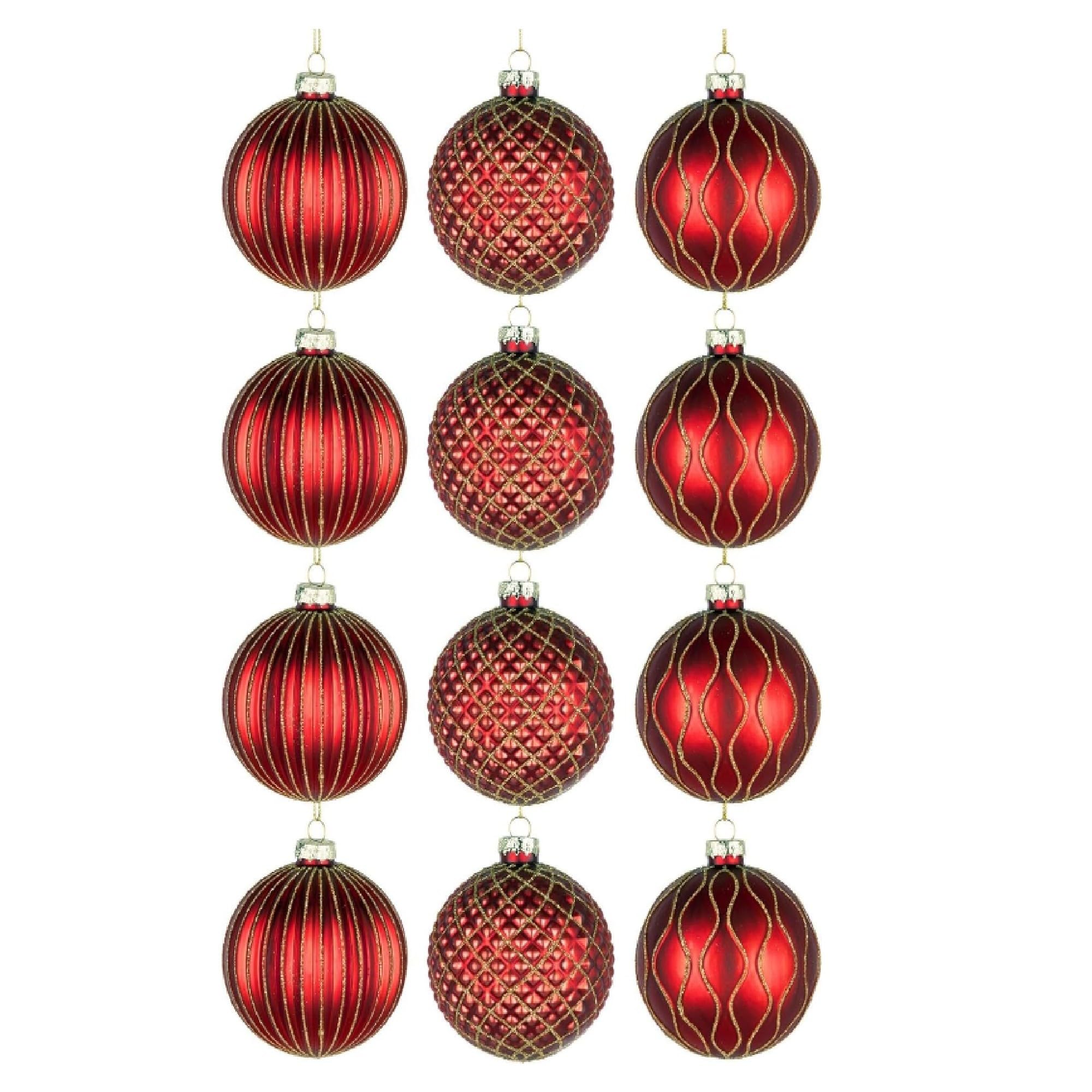 12Pcs/80mm Glass Baubles Christmas Tree Balls Spheres Hanging Ornaments Set Assorted Designs Xmas Tree Decorations, Red Golden