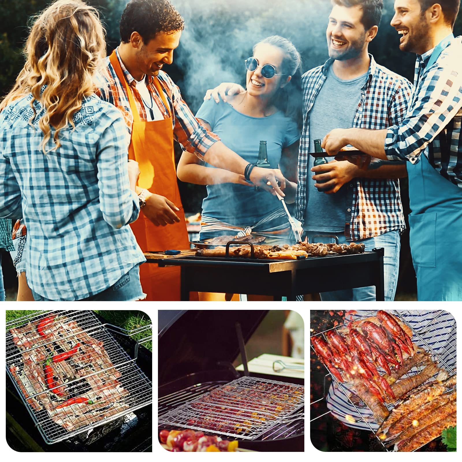 Cesta para asar pescado, parrilla y rejilla de acero inoxidable Nizirioo, portátil y plegable, soporte para pescado con mango extraíble y cepillo para hornear, 4 pinchos