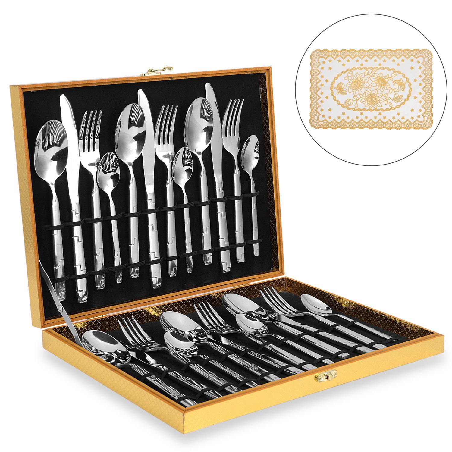 Amz Soaring Silverware Set, Stainless Steel Flatware Cutlery Set, 24 pcs Kitchen Dinnerware Tableware Utensil Set Service for 6 Include 6 Exquisite Place Mats