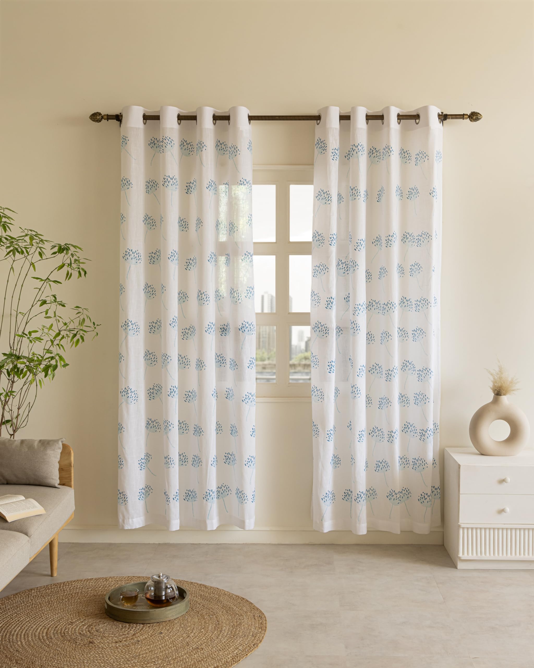 THE LINEN COMPANY Cotton Linen Solid Sheer Small Window Curtain Set with Steel Eyelet Rings, 4 Feet, Blue Dandelions, Pack of 2 Pcs