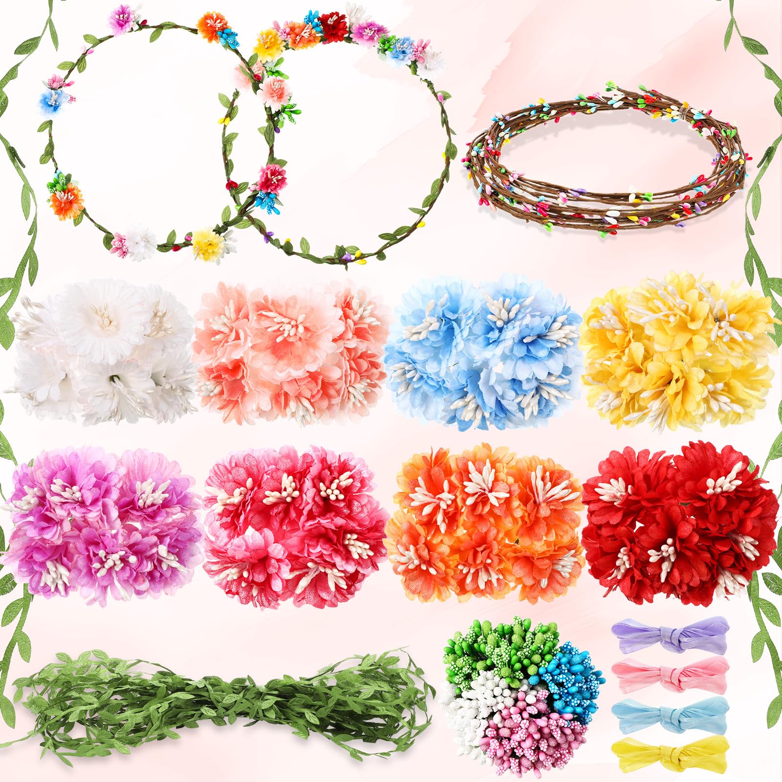 Zeyune 20 Sets Spring Tea Party Favor Flower Crowns Making Kit, Make Your Own Flower Crown Wreath Garland Headbands Craft Kit Handmade DIY Fairy